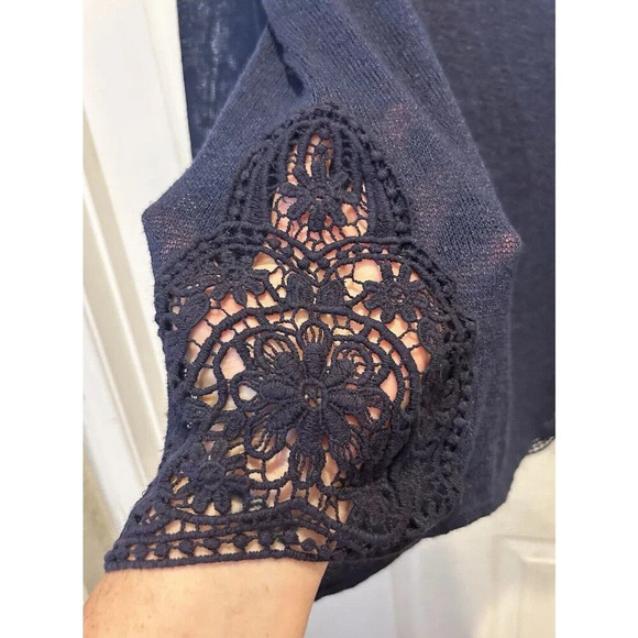 Vintage A. Byer Blue Boho Flowy Top Crochet Panel Knit Sweater Made In USA Large - Picture 3 of 6